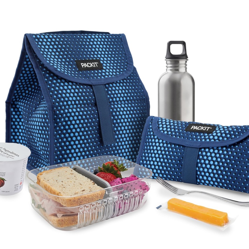 PackIt Freezable Lunch Bag Sack in Blue Polka Dot